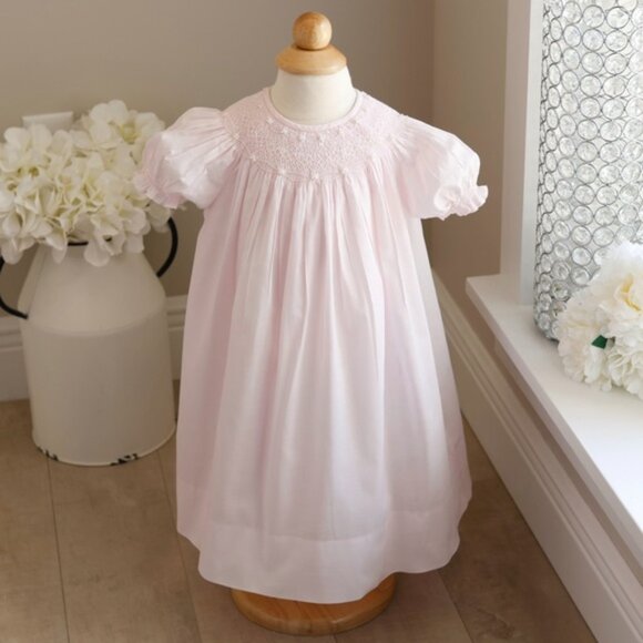 RARE Strasburg Dress Pink Bishop Float With Pearls Smocked 12 Months NWT - Picture 1 of 9